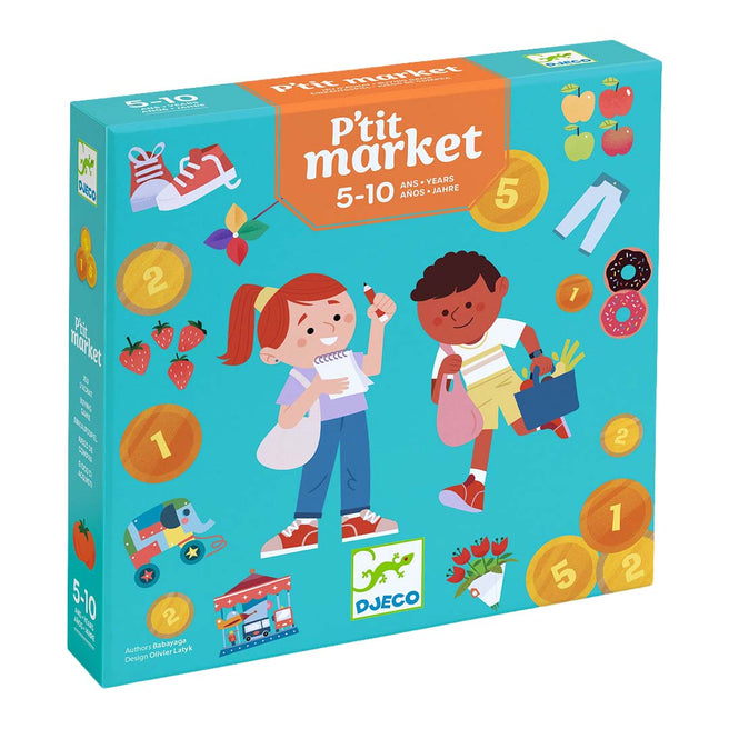 Djeco P'tit Market bordspelverpakking met illustraties van kinderen die winkelen en munten.