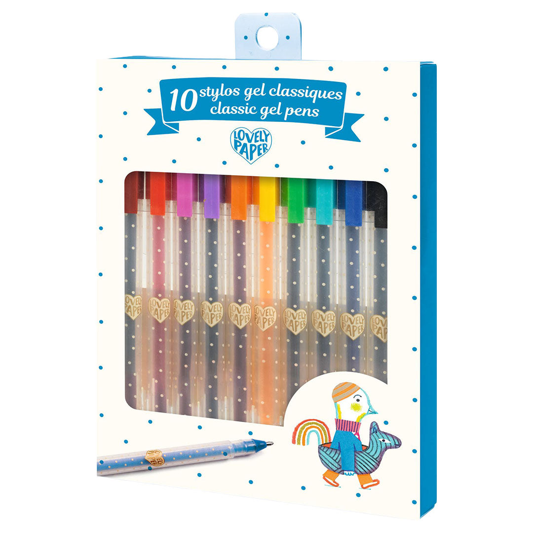 De verpakking van een set van 10 veelkleurige Djeco gelpennen met stippenpatroon.