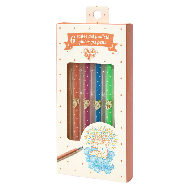 Djeco verpakking met 6 glitter gelpennen in diverse kleuren.