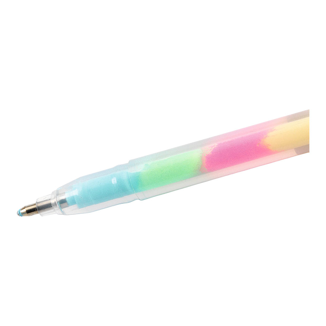 Detailopname van de punt van een pastel gelpen met meerkleurige vulling.