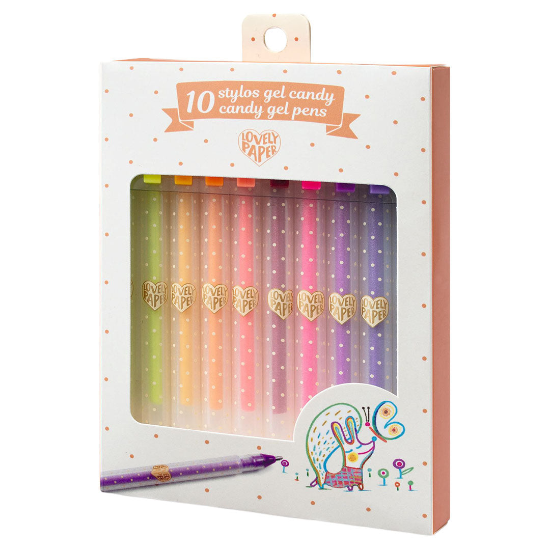 Djeco verpakking met 10 candy gelpennen in diverse pastelkleuren.