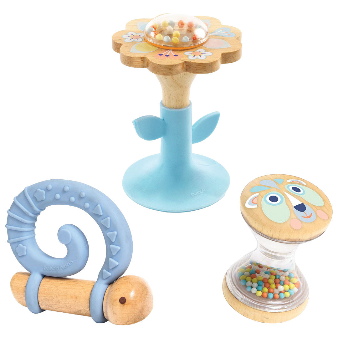 Djeco babyspeelgoed set met een slak bijtring, een bloem rammelaar en een dier rammelaar.