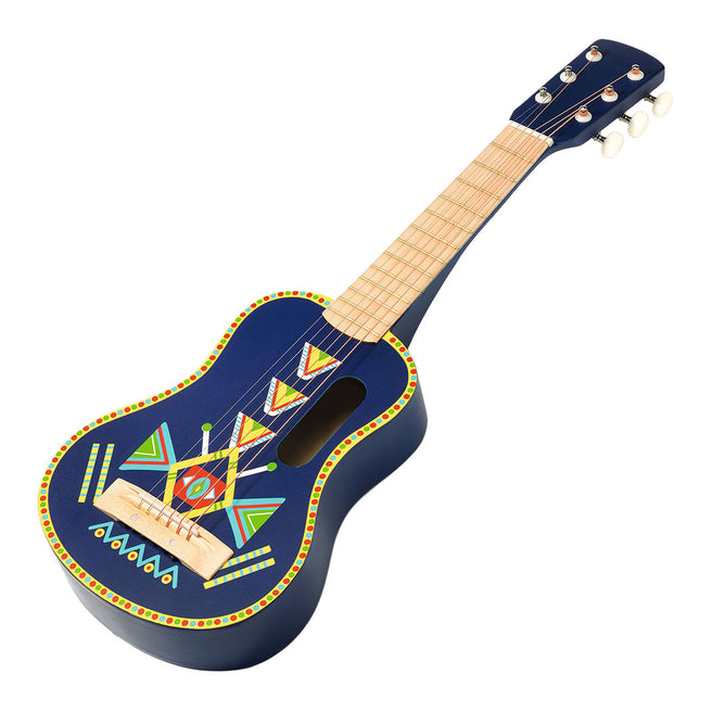 Djeco Animambo speelgoedgitaar in blauw met kleurrijke etnische patronen.