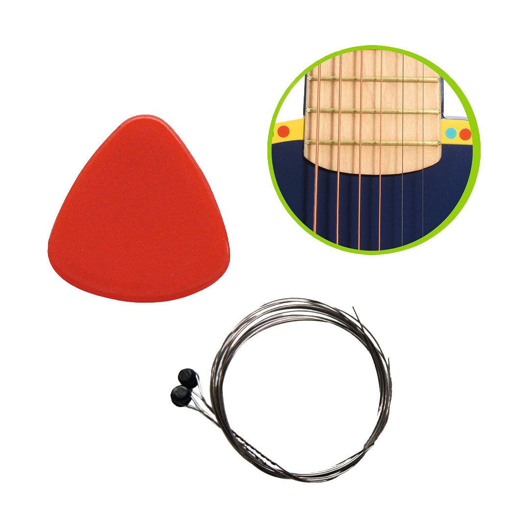 Een rode gitaarplectrum, een set snaren en een detail van de gitaarhals.
