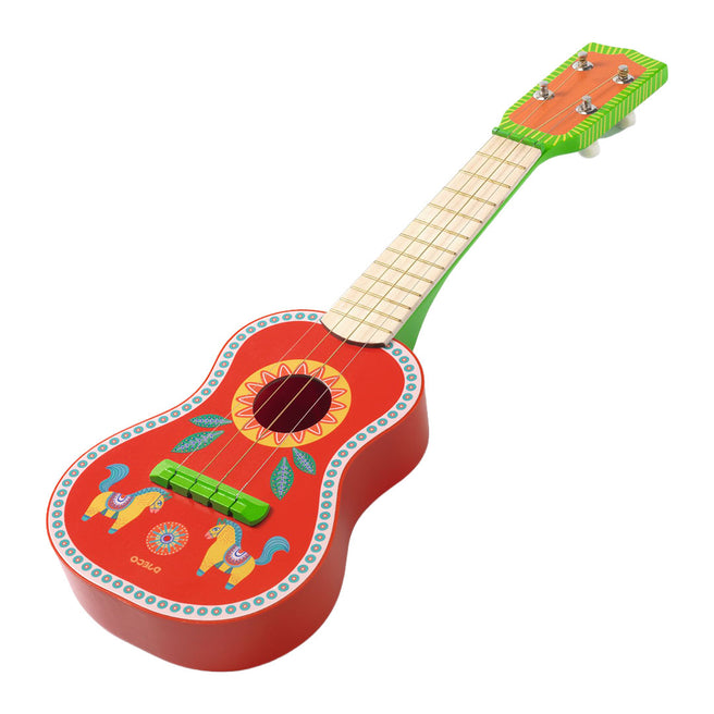 Djeco houten speelgoedgitaar met rood etnisch patroon van paarden en een zon.