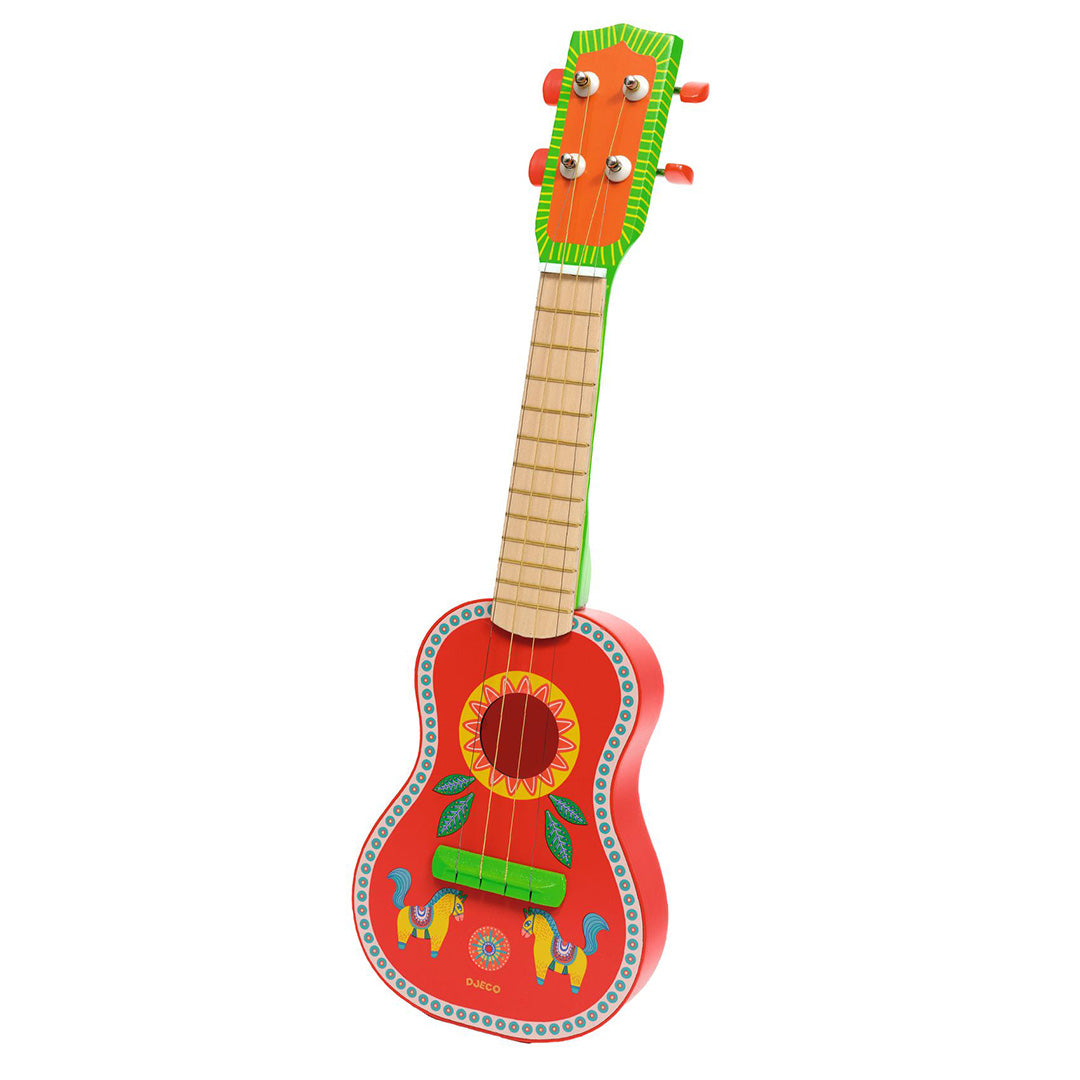 Djeco houten speelgoedgitaar met rood etnisch patroon van paarden en een zon, recht van voren.