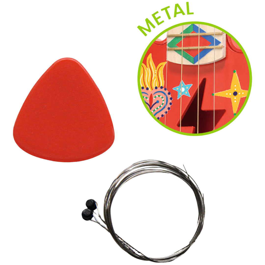 Detailfoto van een rode gitaarplectrum, metalen snaren en een close-up van de gitaarbrug met snaren.