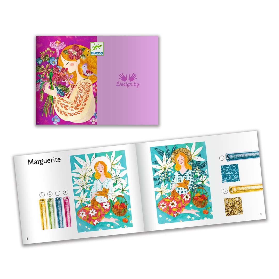 Een open Djeco instructieboekje voor de glitterschilderijen hobbyset, met een stap-voor-stap uitleg voor een illustratie van een vrouw met een kat.