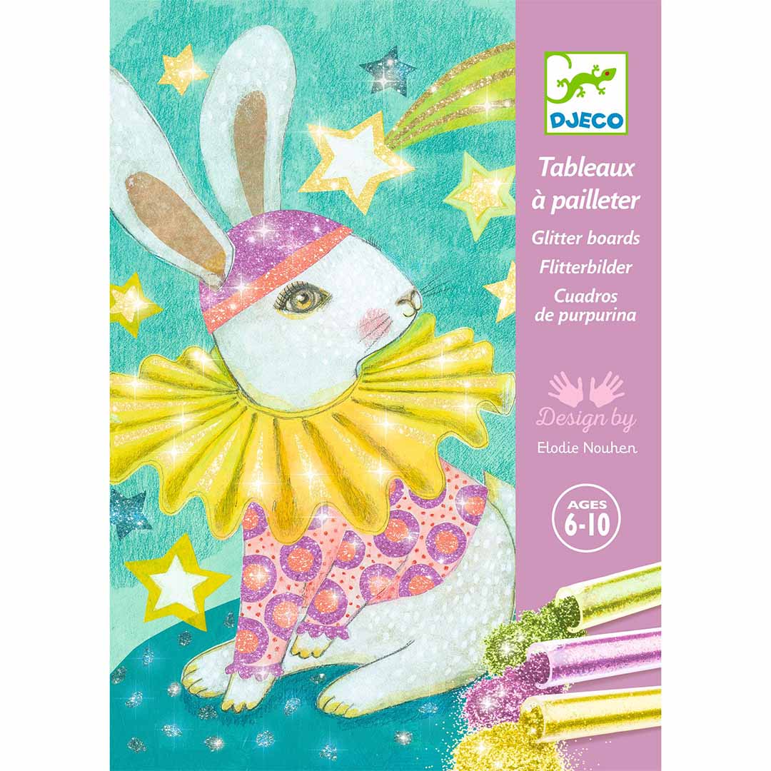 Djeco hobbyset verpakking met een glittertekening van een konijn in carnavalskleding en sterren.