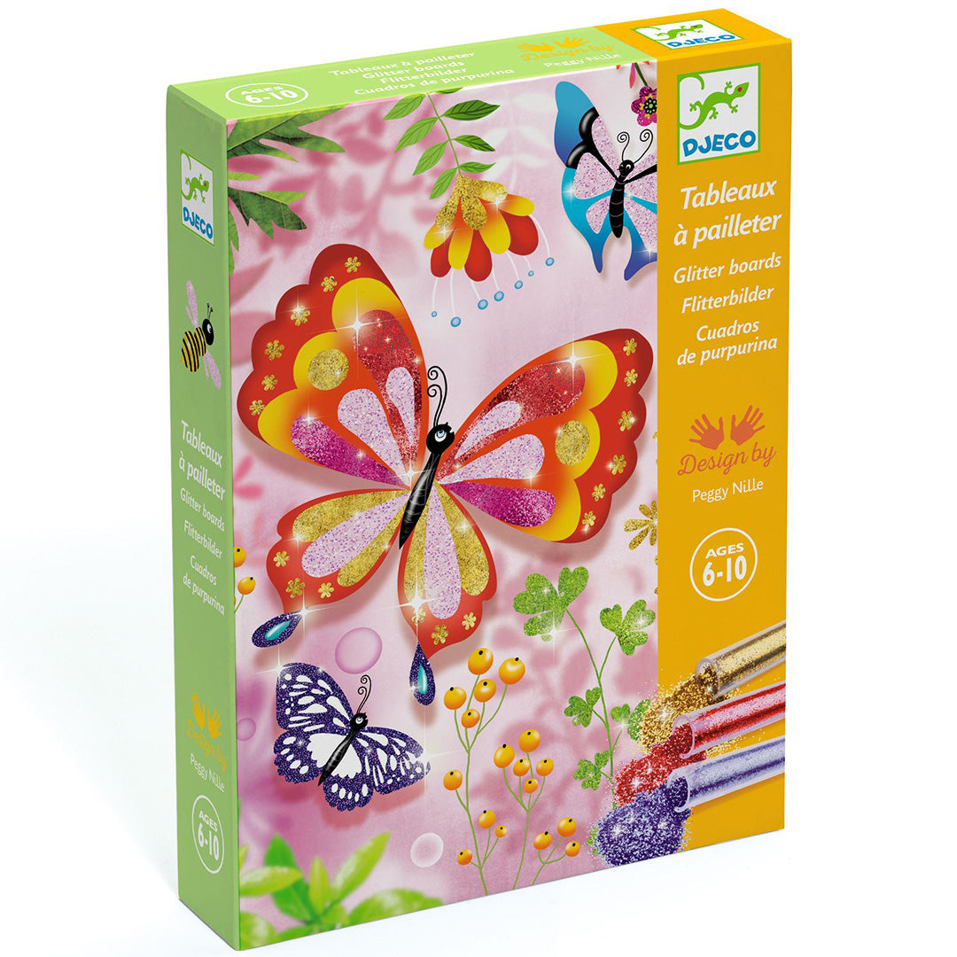 Djeco hobbyset verpakking voor glitterschilderijen met vlinders en bloemen.