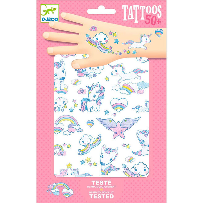 Djeco verpakking van tijdelijke glittertatoeages met eenhoorns, regenbogen en sterren.