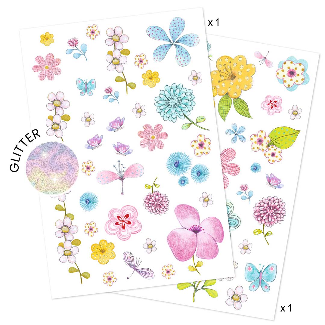 Twee vellen met diverse glittertattoos van bloemen en vlinders.