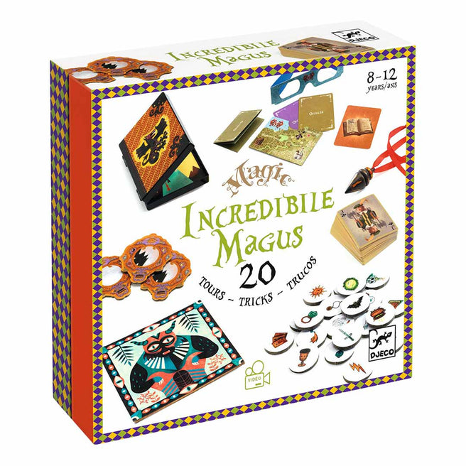 Djeco Incredibile Magus goochelset verpakking met afbeeldingen van de magische attributen.