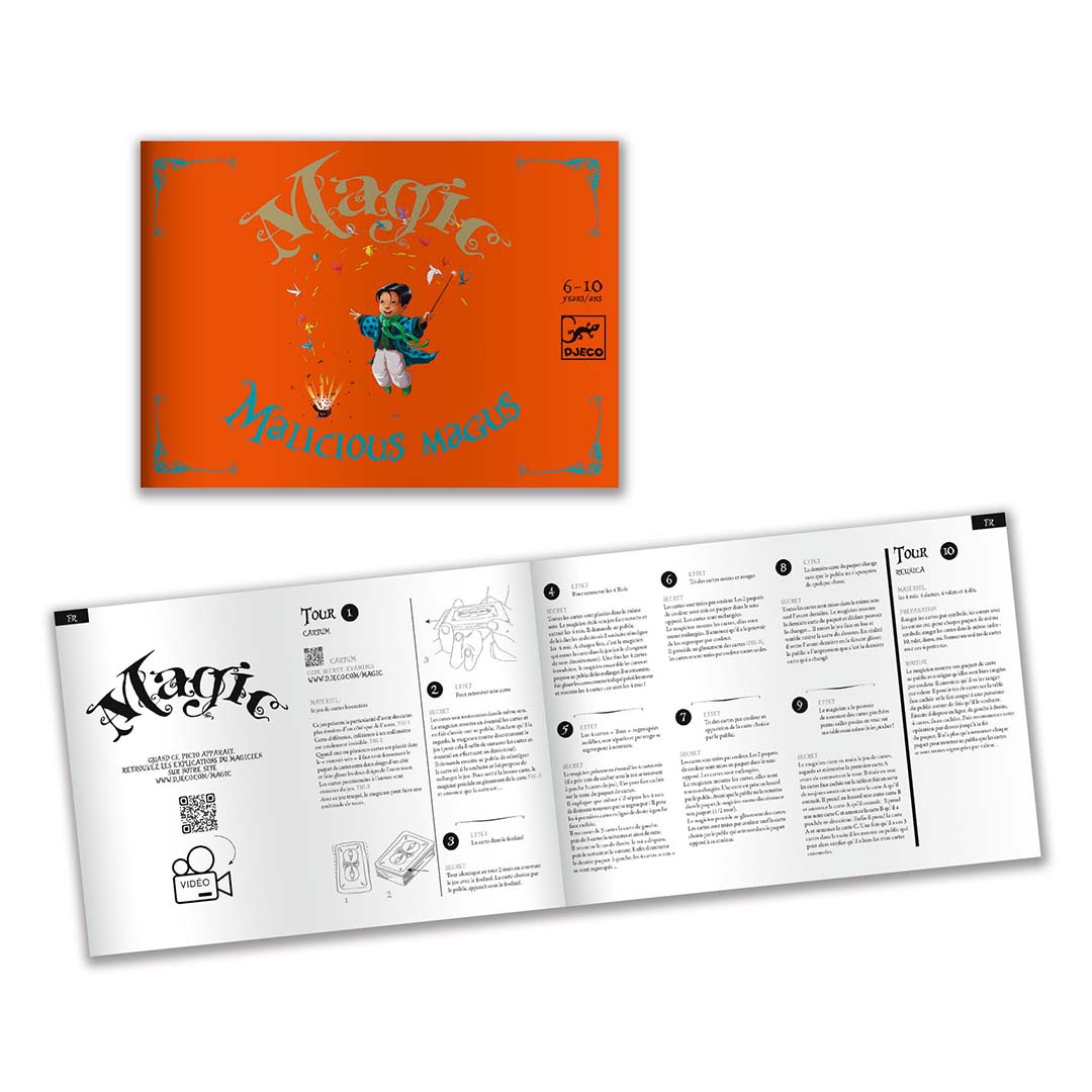 Het open instructieboekje van de Djeco goochelset met uitleg en illustraties van magische trucs.