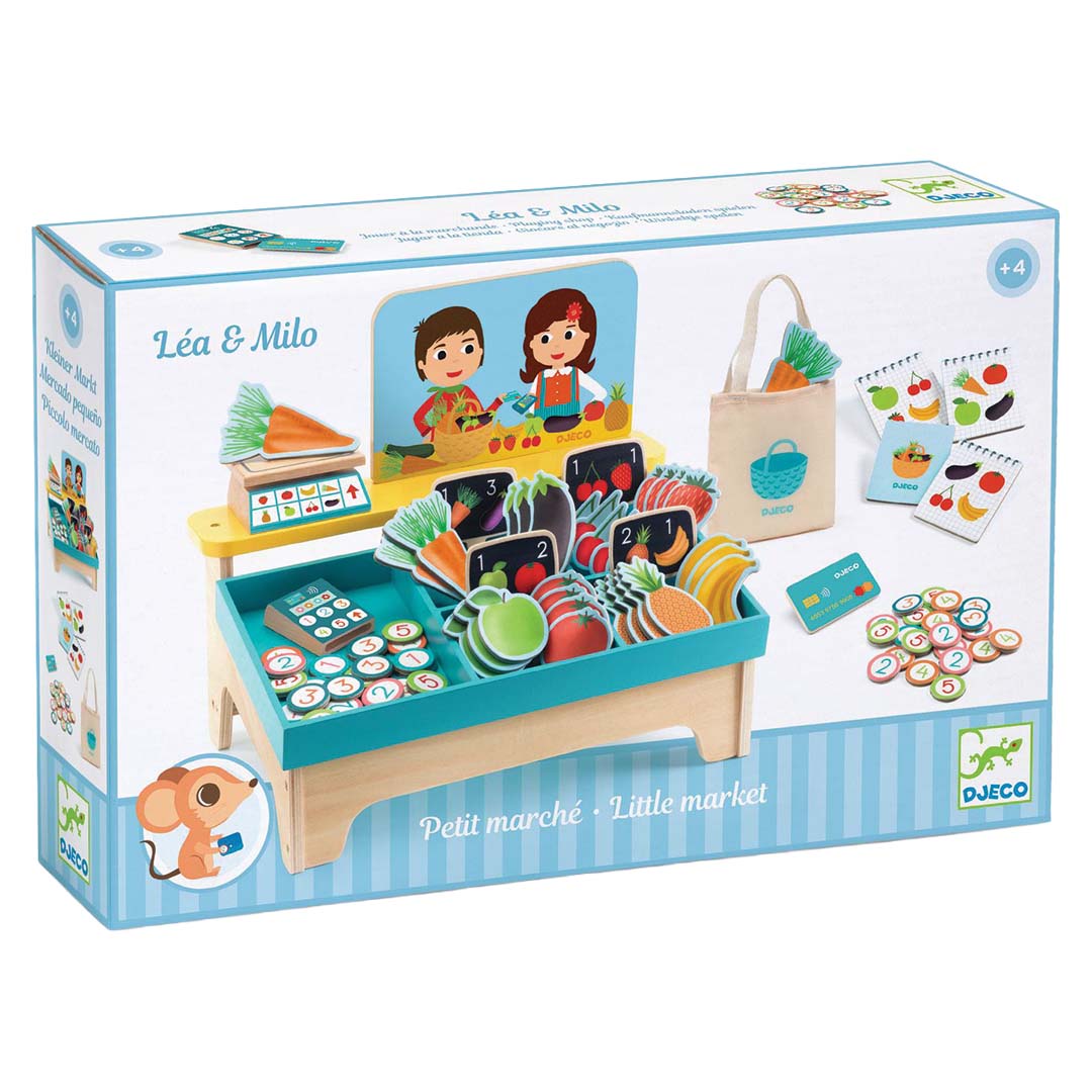 De verpakking van de Djeco houten groenten- en fruitkraam Léa & Milo.