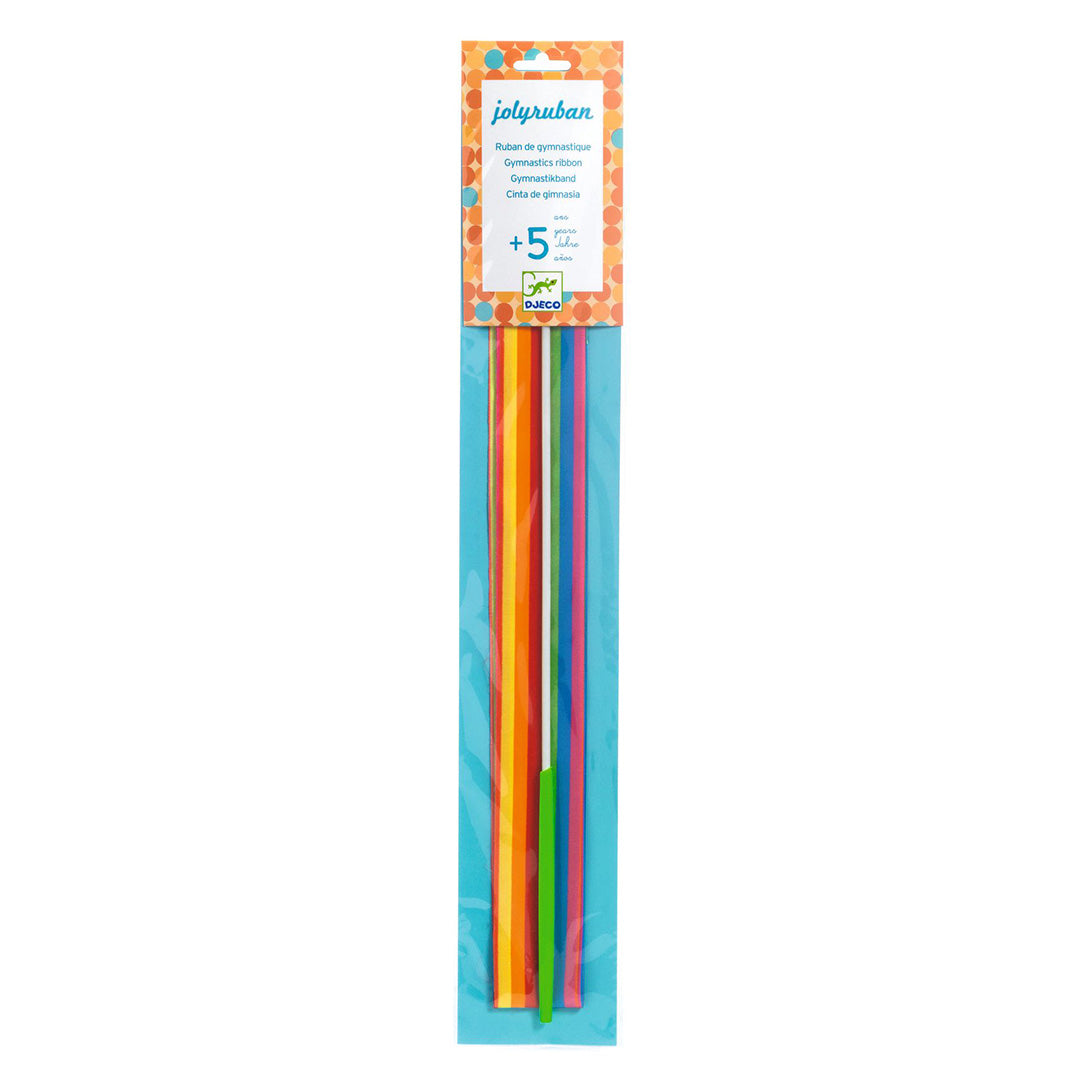 De verpakking van de Djeco gymnastieklint, met de opgevouwen regenbooglinten zichtbaar.