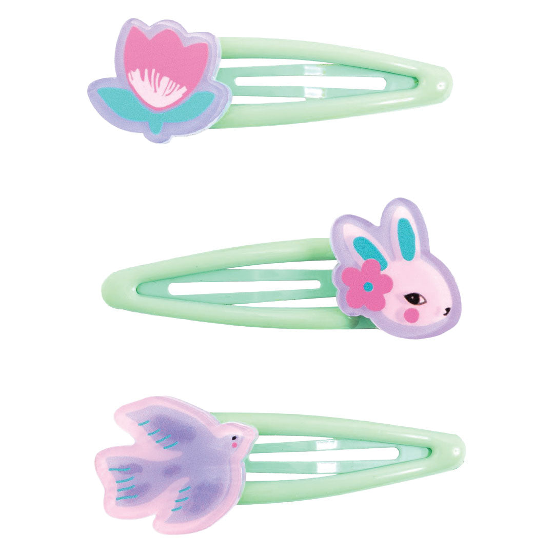 Djeco set van drie lichtgroene haarspeldjes met een bloem, konijn en vogel.