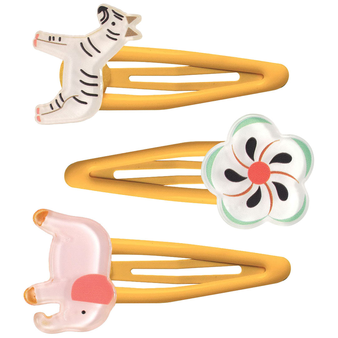 Djeco haarspeldjes met een witte tijger, een bloem en een roze olifant.