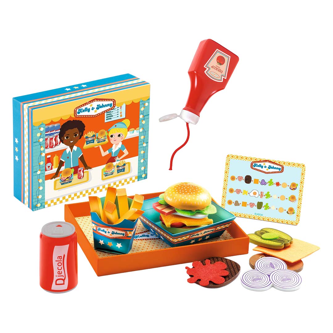 Djeco speelgoed hamburgerkraam set met doos, ketchup, frisdrank, frietjes, burger en losse ingrediënten.