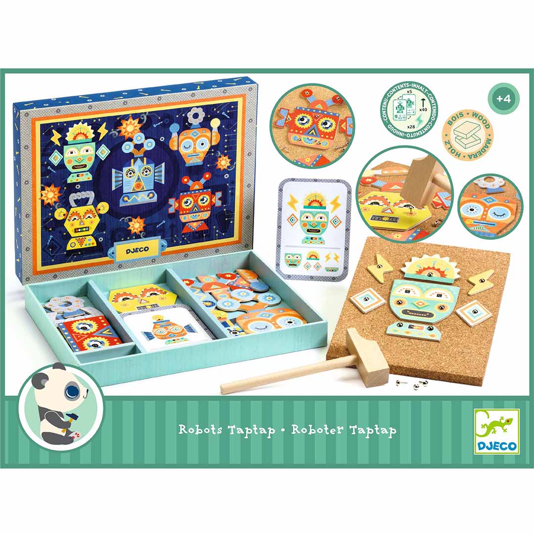Infographic van de Djeco hamertje tik robots set met de inhoud en productinformatie.