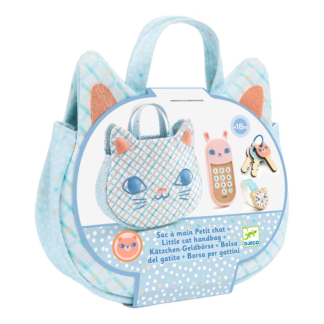 Verpakking van de Djeco speelgoedset met een kattenhandtas en accessoires, geschikt vanaf 18 maanden.