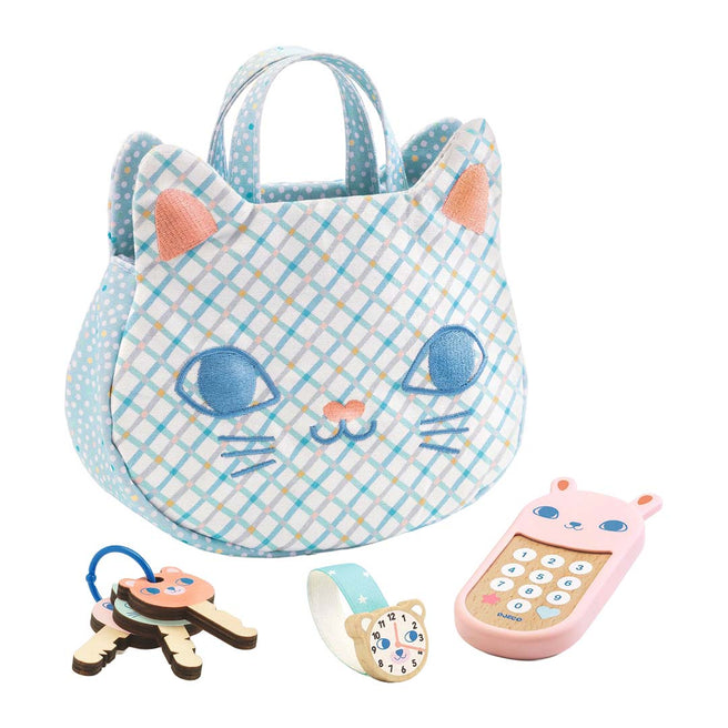 Djeco speelgoedset met een blauw geruite kattenhandtas, een houten telefoon, sleutels en een horloge.
