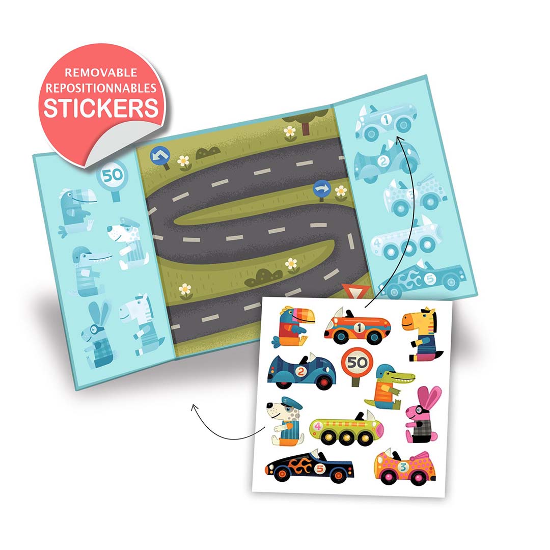 Djeco herbruikbare stickers van dieren in auto's op een speelmat met weg.