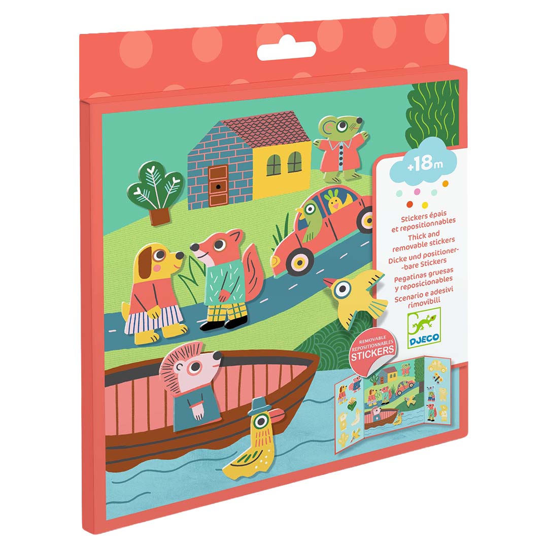 Djeco herbruikbare stickers dieren verpakking met een illustratie van een landschap en dieren.