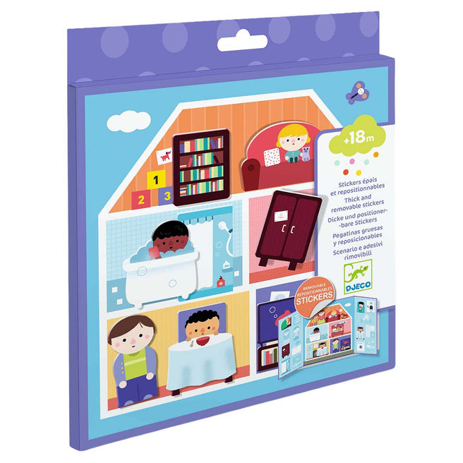 Djeco herbruikbare stickers huis verpakking met een illustratie van een huisinterieur en figuren.