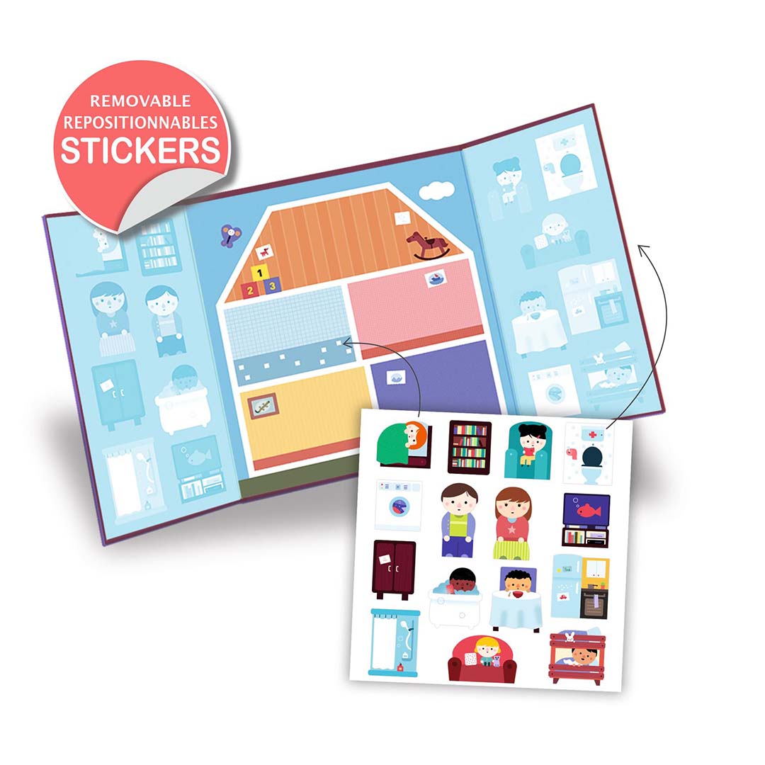 Djeco herbruikbare stickers huis set met een uitgevouwen huisinterieur en een vel met losse stickers.