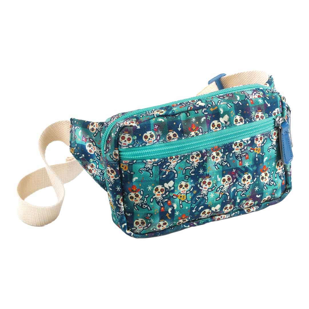 Djeco kinderheuptas met een patroon van dansende skeletten en een verstelbare band.