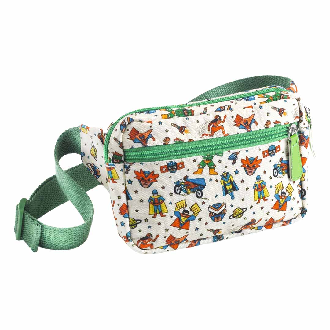 Djeco heuptas voor kinderen met een patroon van superhelden en een groene verstelbare band.