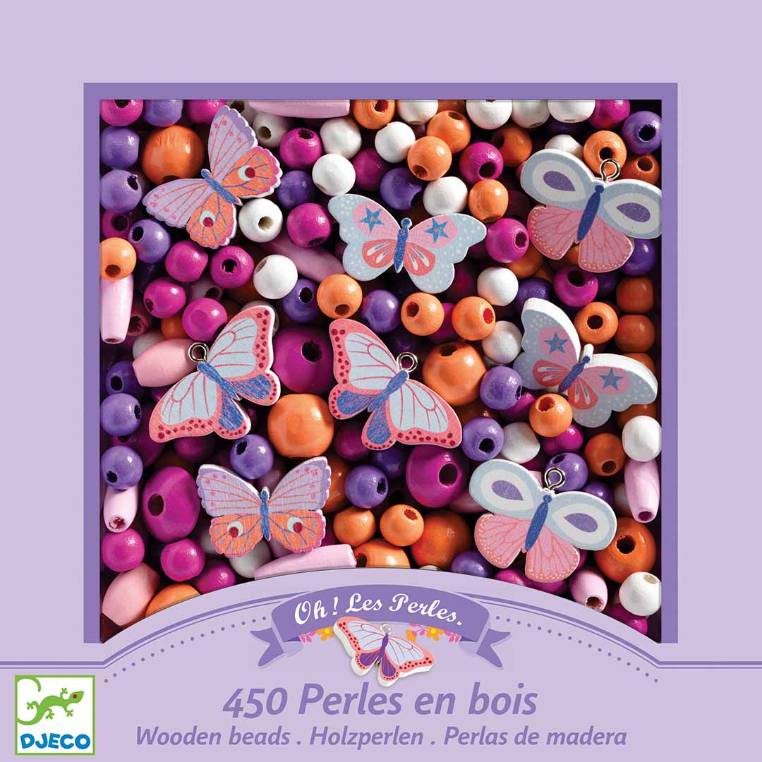 Infographic van de Djeco houten kralen set met vlinders, met de inhoud zichtbaar in de verpakking.