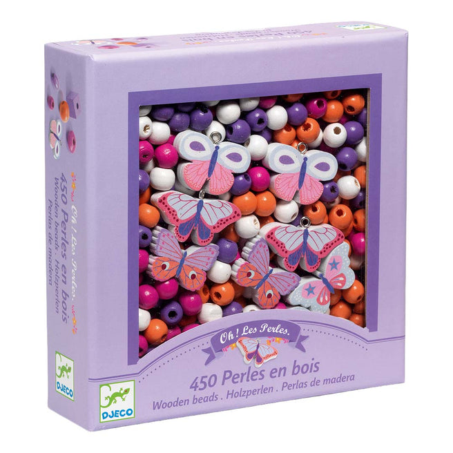 Djeco houten kralen set met vlinders in een paarse verpakking.