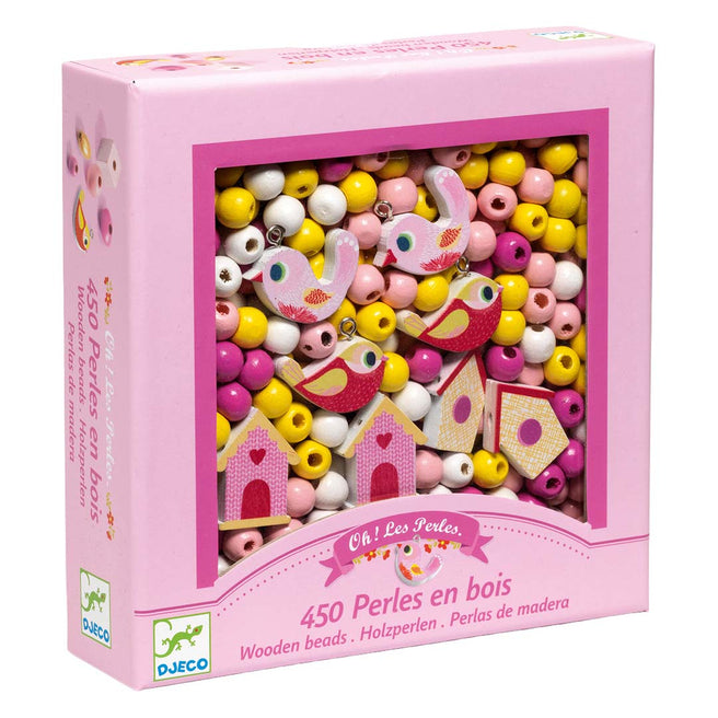 Djeco houten kralenset met veelkleurige houten kralen en vogelbedels in een roze verpakking.