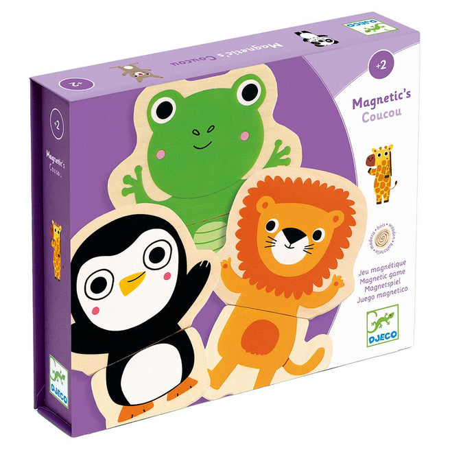 Djeco houten magneten dierenpuzzel verpakking met een kikker, leeuw en pinguïn.