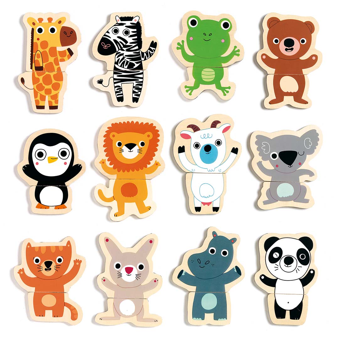 Twaalf Djeco houten magneten dierenpuzzels, waaronder een giraffe, zebra, kikker en pinguïn.