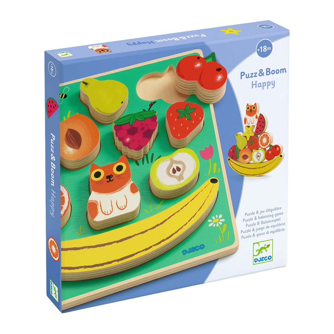 Verpakking van de Djeco houten puzzel en balanceerspel 'Puzz & Boom Happy'.