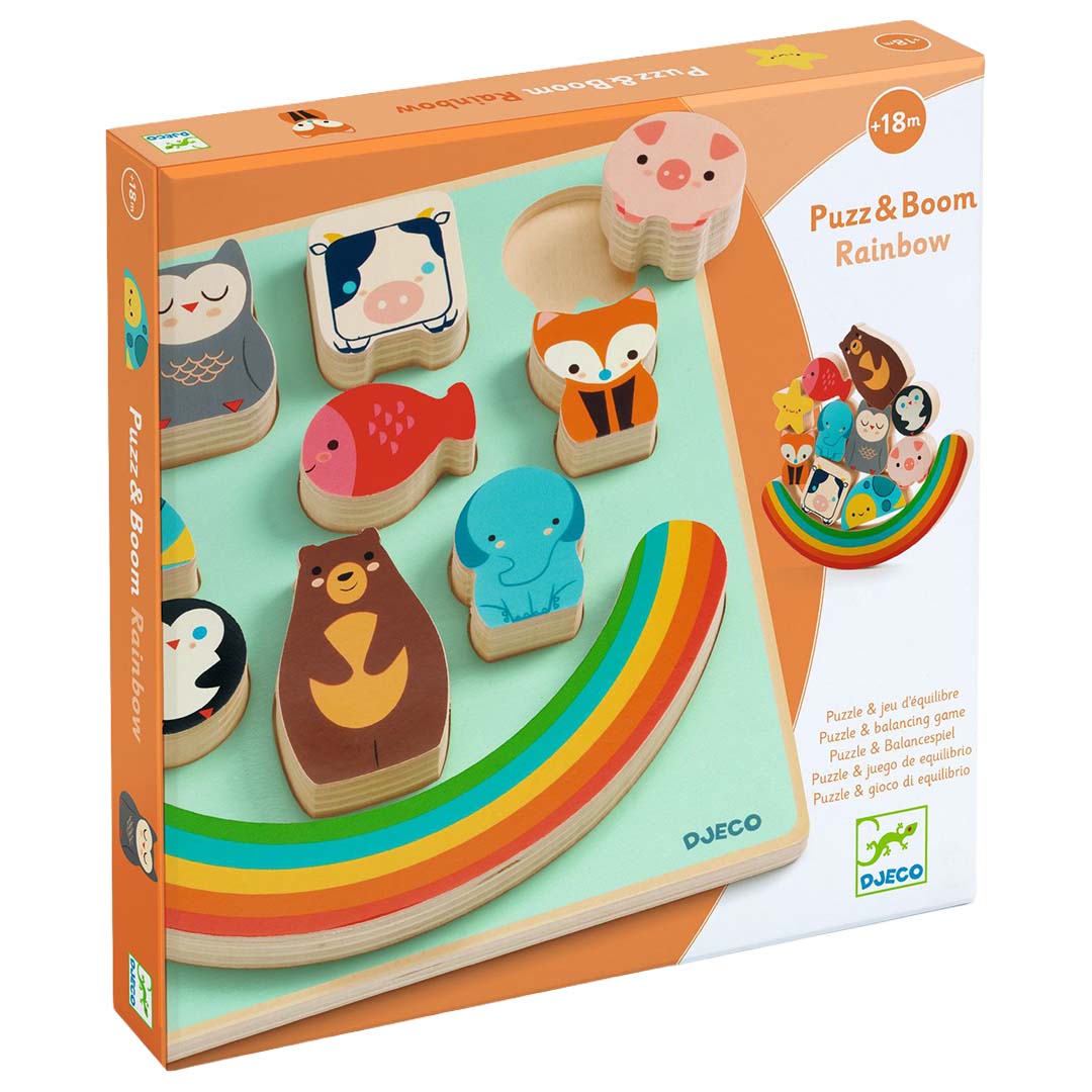 De verpakking van de Djeco houten puzzel en balanceerspel met regenboog en dieren.