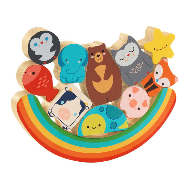 Djeco houten balanceerspel met een regenboogbasis en gestapelde dierenfiguren.