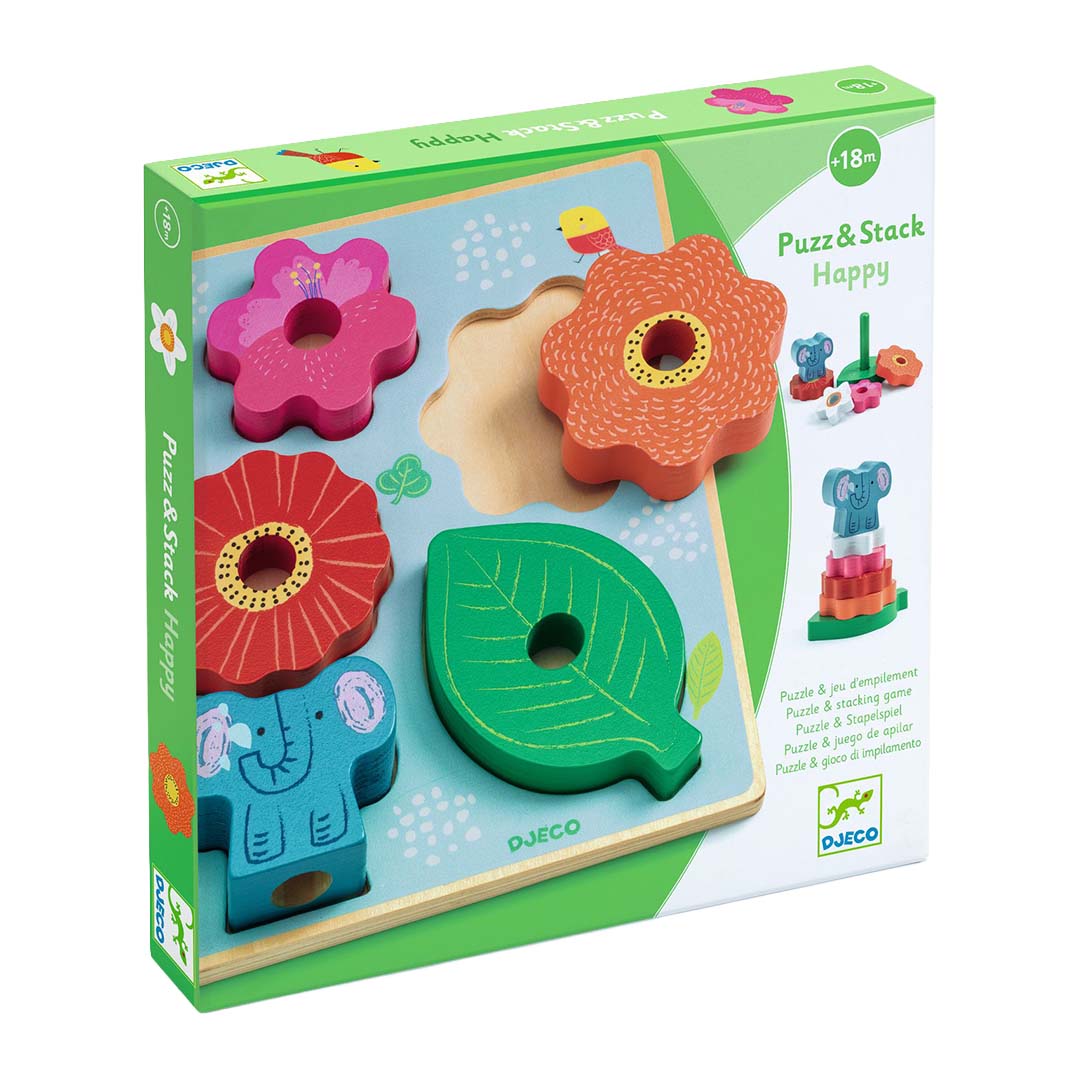 De verpakking van de Djeco houten puzzel en stapeltoren 'Happy' met afbeeldingen van het speelgoed.