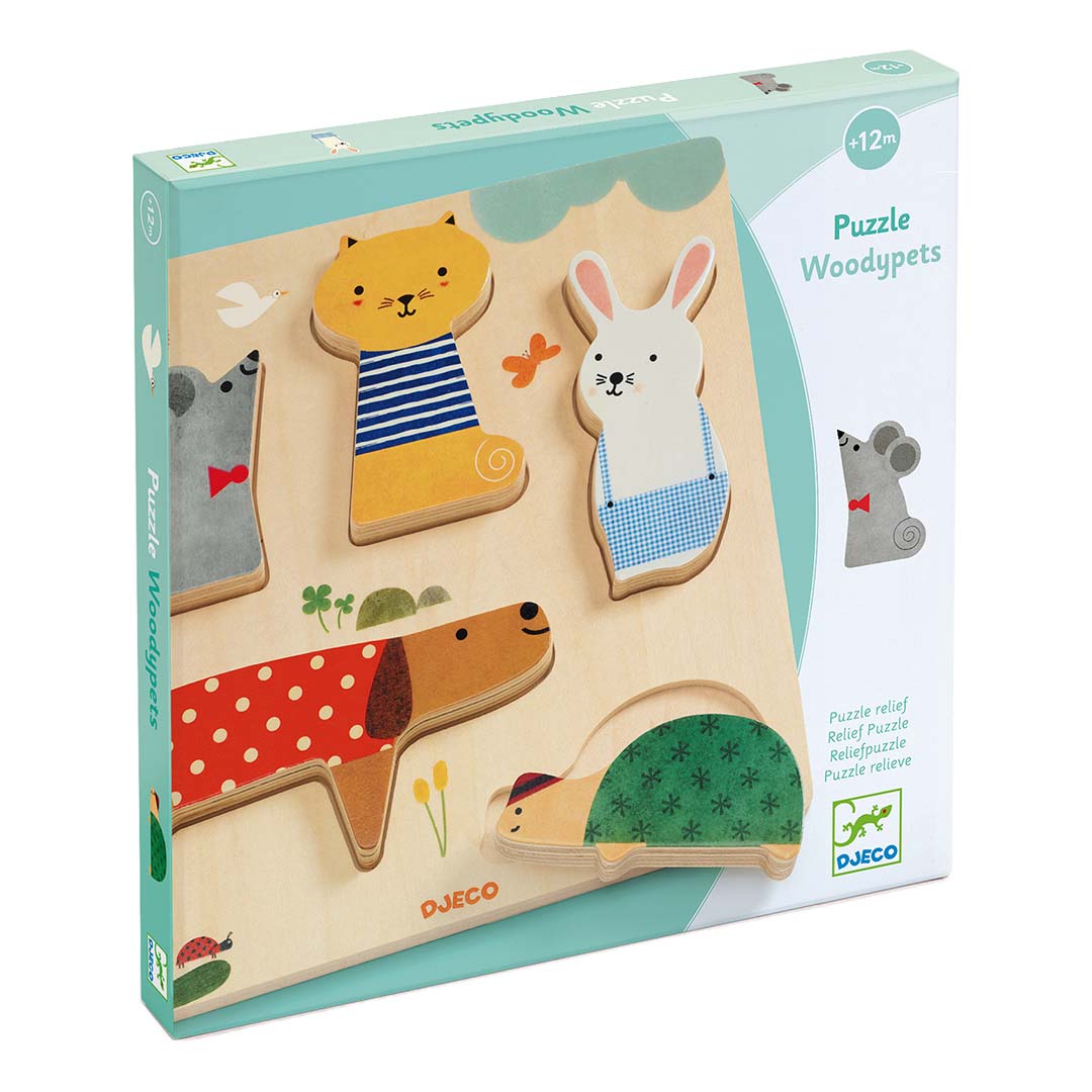 De verpakking van de Djeco houten peuterpuzzel met huisdieren.