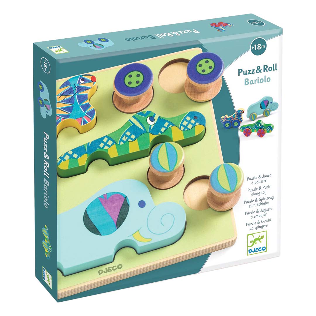 De verpakking van de Djeco Puzz & Roll Bariolo houten puzzel.