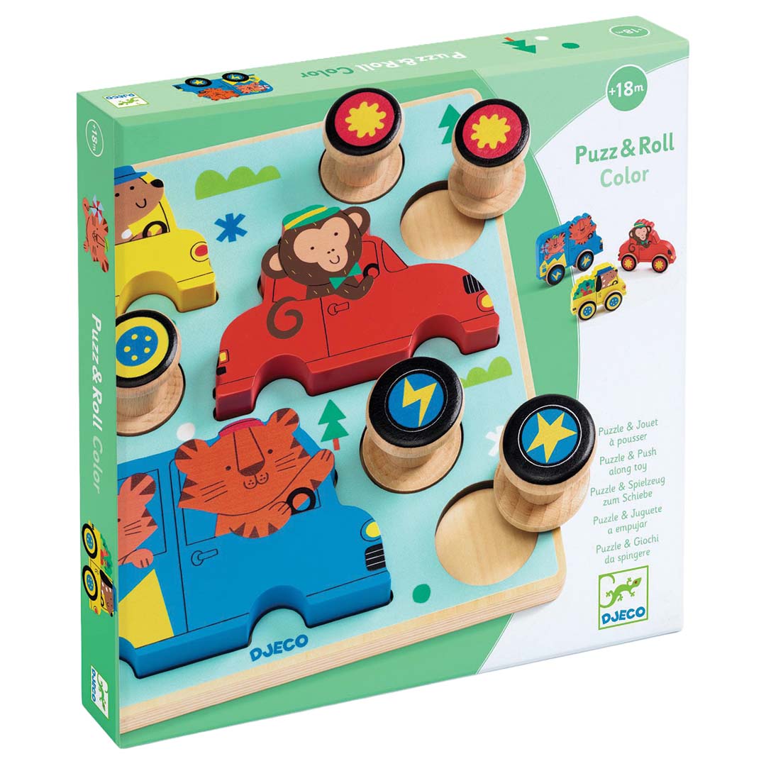Djeco Puzz & Roll Color houten puzzel verpakking met voertuigen en dieren.