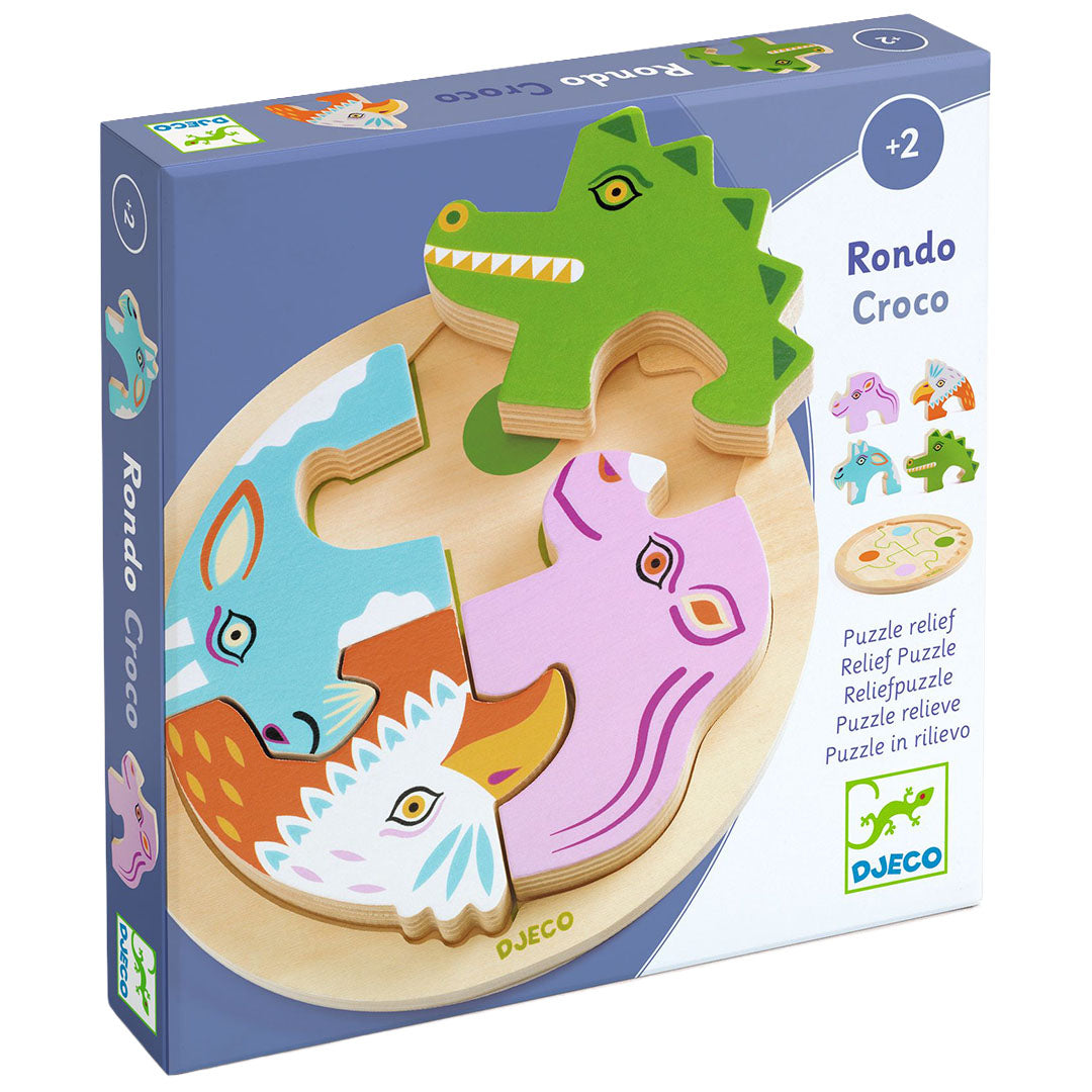 Verpakking van de Djeco houten puzzel Rondo Croco met dierenfiguren.