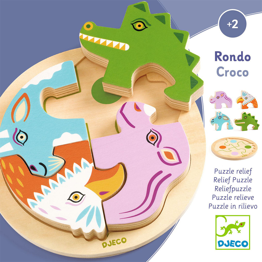 Infographic van de Djeco houten puzzel Rondo Croco met dierenfiguren en productinformatie.