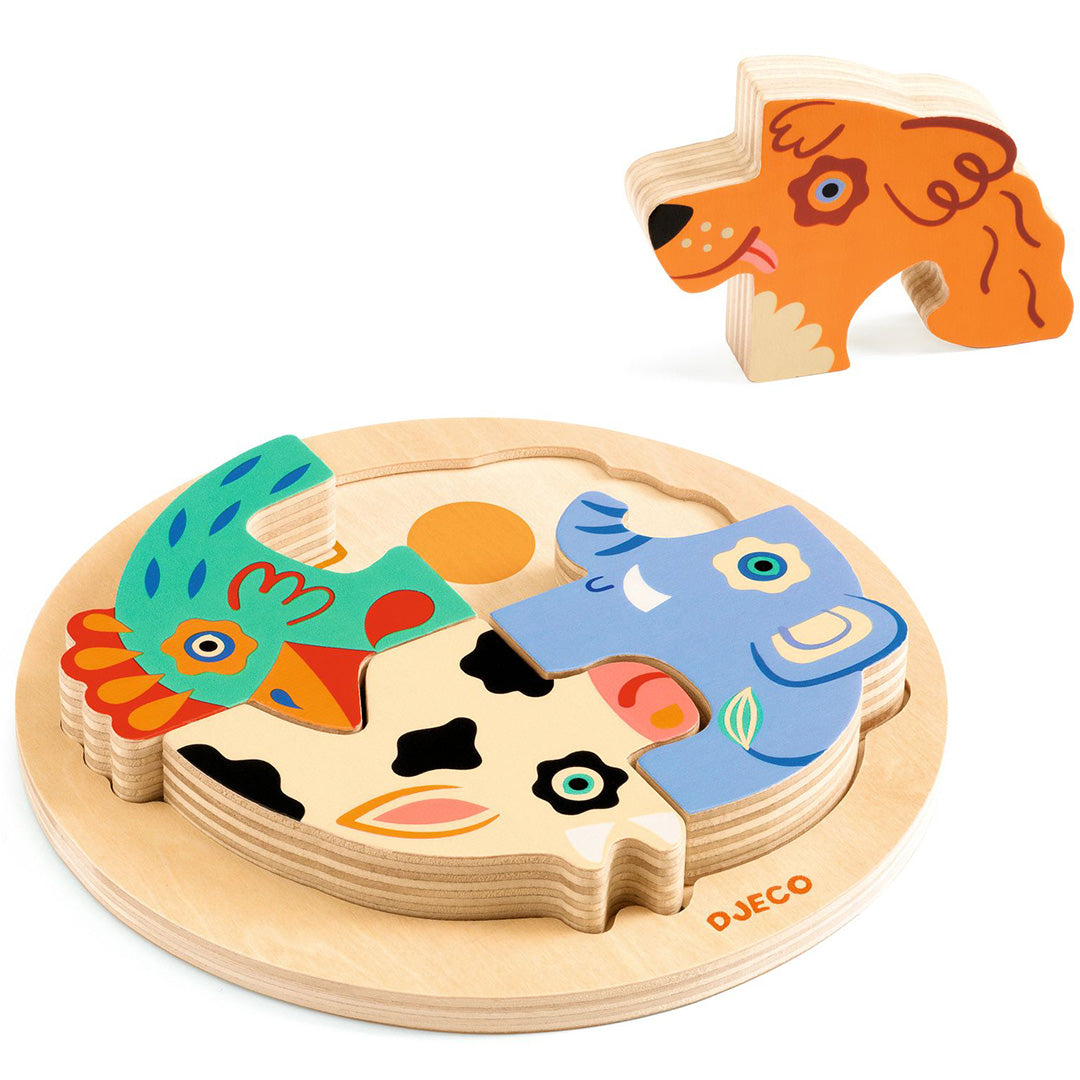Djeco houten puzzel Rondo Dog met drie dierenfiguren in de basis en één losse hondenfiguur.