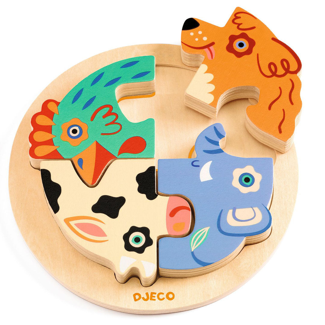 Djeco houten puzzel Rondo Dog met vier dierenfiguren in een ronde basis.