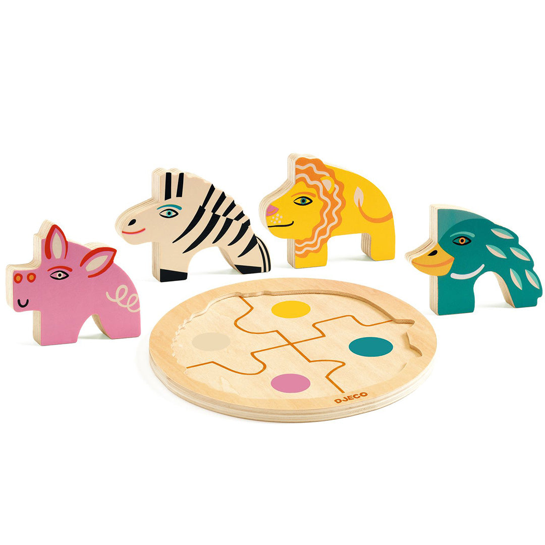 Djeco houten dierenpuzzel Rondo Leo met de vier losse dierenfiguren en de ronde puzzelbasis.