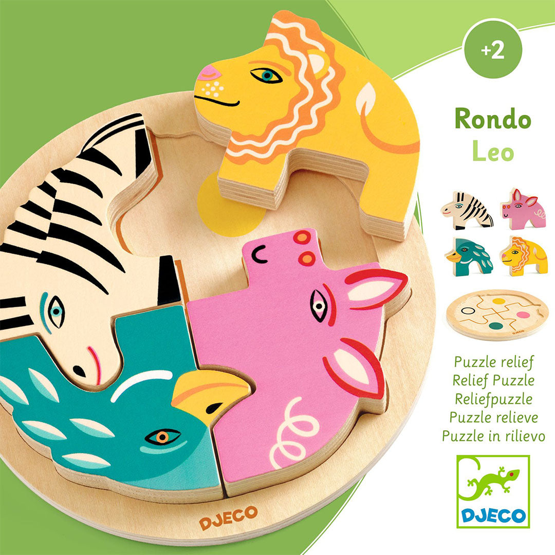 Djeco houten dierenpuzzel Rondo Leo in de verpakking met infographic details.